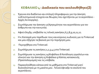 ΚΕΦΑΛΑΙΟ 4 : Διαδικασία που ακολουθήθηκε(2)
12. Έρευνα στο διαδίκτυο και επιλογή πληροφοριών για την άσκηση
11(Επιστημονικά στοιχεία και θεωρίες που σχετίζονται με το αεροπλάνο -
Αρχές λειτουργίας).
13. Συμπλήρωσα την άσκηση 12(Χρησιμότητα του αεροπλάνου για τον
άνθρωπο και την κοινωνία).
14. Αφού έλεγξα, υπέβαλλα τις τελικές ασκήσεις 6,7,8,9,10,11,12.
15. Η κ.Κατσαρά μου παρέδωσε τους καινούριους κωδικούς για το Tinkercad
και μου εξήγησε τα βασικά για την περιήγηση μου.
16. Περιηγήθηκα στο Τinkercad.
17. Συμπλήρωσα τις ασκήσεις 1,2,3,4,5 στο Τinkercad.
18. Συμπλήρωσα τις ασκήσεις 14(Κεφάλαιο 8 Κατάλογος εργαλείων και
υλικών) και την άσκηση 15 Κεφάλαιο 9 Κόστος κατασκευής
(Προϋπολογισμός) και τις υπέβαλα.
19. Παρακολούθησα κάποια από τα μαθήματα στο Tinkercad γιατί
δυσκολεύτηκα με τη μακέτα μου .Τελικά έφτιαξα το σκελετό του
αεροπλάνου.
 