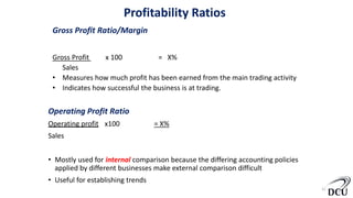 Profitability Ratios
12
Gross Profit Ratio/Margin
Gross Profit x 100 = X%
Sales
• Measures how much profit has been earned from the main trading activity
• Indicates how successful the business is at trading.
Operating Profit Ratio
Operating profit x100 = X%
Sales
• Mostly used for internal comparison because the differing accounting policies
applied by different businesses make external comparison difficult
• Useful for establishing trends
 