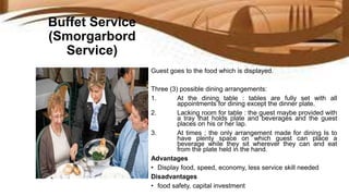 Buffet Service
(Smorgarbord
Service)
Guest goes to the food which is displayed.
Three (3) possible dining arrangements:
1. At the dining table : tables are fully set with all
appointments for dining except the dinner plate.
2. Lacking room for table : the guest maybe provided with
a tray that holds plate and beverages and the guest
places on his or her lap.
3. At times ; the only arrangement made for dining Is to
have plenty space on which guest can place a
beverage while they sit wherever they can and eat
from the plate held in the hand.
Advantages
• Display food, speed, economy, less service skill needed
Disadvantages
• food safety, capital investment
 