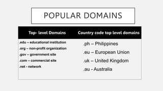 POPULAR DOMAINS
Top- level Domains Country code top level domains
.edu – educational institution
.org – non-profit organization
.gov – government site
.com – commercial site
.net - network
.ph – Philippines
.eu – European Union
.uk – United Kingdom
.au - Australia
 