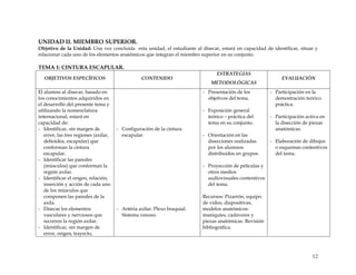UNIDAD II. MIEMBRO SUPERIOR.
Objetivo de la Unidad: Una vez concluida esta unidad, el estudiante al disecar, estará en capacidad de identificar, situar y
relacionar cada uno de los elementos anatómicos que integran el miembro superior en su conjunto.
TEMA 1: CINTURA ESCAPULAR.
OBJETIVOS ESPECÍFICOS CONTENIDO
ESTRATEGIAS
METODOLÓGICAS
EVALUACIÓN
El alumno al disecar, basado en
los conocimientos adquiridos en
el desarrollo del presente tema y
utilizando la nomenclatura
internacional, estará en
capacidad de:
- Identificar, sin margen de
error, las tres regiones (axilar,
deltoidea, escapular) que
conforman la cintura
escapular.
- Identificar las paredes
(músculos) que conforman la
región axilar.
- Identificar el origen, relación,
inserción y acción de cada uno
de los músculos que
componen las paredes de la
axila.
- Disecar los elementos
vasculares y nerviosos que
recorren la región axilar.
- Identificar, sin margen de
error, origen, trayecto,
- Configuración de la cintura
escapular.
- Artéria axilar. Plexo braquial.
Sistema venoso.
- Presentación de los
objetivos del tema.
- Exposición general
teórico – práctica del
tema en su conjunto.
- Orientación en las
disecciones realizadas
por los alumnos
distribuidos en grupos.
- Proyección de películas y
otros medios
audiovisuales contentivos
del tema.
Recursos: Pizarrón, equipo
de video, diapositivas,
modelos anatómicos:
maniquíes, cadáveres y
piezas anatómicas. Revisión
bibliográfica.
- Participación en la
demostración teórico
práctica.
- Participación activa en
la disección de piezas
anatómicas.
- Elaboración de dibujos
o esquemas contentivos
del tema.
12
 