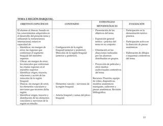 TEMA 2: REGIÓN BARQUIAL.
OBJETIVOS ESPECÍFICOS CONTENIDO
ESTRATEGIAS
METODOLÓGICAS
EVALUACIÓN
El alumno al disecar, basado en
los conocimientos adquiridos en
el desarrollo del presente tema y
utilizando la nomenclatura
internacional, estará en
capacidad de:
- Identificar, sin margen de
error, las regiones que
conforman el segmento
braquial del miembro
superior.
- Ubicar, sin margen de error,
los músculos que conforman
las citadas regiones en el
miembro superior.
- Identificar origen, trayecto,
relaciones y acción de los
músculos de la región
braquial.
- Disecar, sin margen de error,
los elementos vasculares y
nerviosos que recorren dicha
región.
- Identificar origen, trayecto y
distribución de los elementos
vasculares y nerviosos de la
región en estudio.
- Configuración de la región
braquial (anterior y posterior).
Músculos de la región braquial
(anterior y posterior).
- Elementos vasculo – nerviosos de
la región braquial.
- Arteria braquial y ramas del plexo
braquial.
- Presentación de los
objetivos del tema.
- Exposición general
teórico – práctica del
tema en su conjunto.
- Orientación en las
disecciones realizadas
por los alumnos
distribuidos en grupos.
- Proyección de películas y
otros medios
audiovisuales contentivos
del tema.
Recursos: Pizarrón, equipo
de video, diapositivas,
modelos anatómicos:
maniquíes, cadáveres y
piezas anatómicas. Revisión
bibliográfica.
- Participación en la
demostración teórico
práctica.
- Participación activa en
la disección de piezas
anatómicas.
- Elaboración de dibujos
o esquemas contentivos
del tema.
15
 
