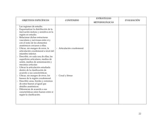 OBJETIVOS ESPECÍFICOS CONTENIDO
ESTRATEGIAS
METODOLÓGICAS
EVALUACIÓN
Las regiones de estudio.
- Esquematizar la distribución de la
inervación motora y sensitiva en la
región en estudio.
- Relacionar dichas estructuras
vasculares y nerviosas entre sí y
con el resto de los elementos
anatómicos cercanos a ellas.
- Ubicar, sin margen de error, la
articulación coxofemoral a nivel del
miembro inferior.
- Describir, en cada una de ellas, las
superficies articulares, medios de
unión, medios de armonización y
mecánica articular.
- Ubicar la articulación estudiada
dentro de la clasificación de
acuerdo a sus características.
- Ubicar, sin margen de error, los
huesos de la región coxofemoral.
- Describir caras, bordes y extremos
de estos huesos al igual que
detalles anatómicos.
- Diferenciar de acuerdo a sus
características estos huesos entre sí
según la clasificación.
- Articulación coxofemoral.
- Coxal y fémur.
22
 