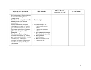 OBJETIVOS ESPECÍFICOS CONTENIDO
ESTRATEGIAS
METODOLÓGICAS
EVALUACIÓN
- Ubicar dichas articulaciones dentro
de la clasificación según sus
características.
- Identificar, sin margen de error, los
huesos del pie y sus detalles
anatómicos.
- Identificar mediante imágenes
radiológicas normales los huesos
que conforman la cintura pélvica.
Diferencias radiológicas entre una
pelvis femenina y una pelvis
masculina.
- Identificar mediante imágenes
radiológicas normales los huesos
que conforman el miembro inferior.
- Características radiológicas
normales de las articulaciones del
miembro inferior y articulación
coxofemoral.
- Huesos del pie.
- Radiología normal de:
ƒ Huesos de la cintura
pélvica.
ƒ Huesos del miembro
inferior.
ƒ Articulación coxofemoral.
ƒ Articulación de la rodilla.
ƒ Articulaciones
tibiofibulares.
ƒ Articulación talocrural.
ƒ Huesos del pie.
30
 