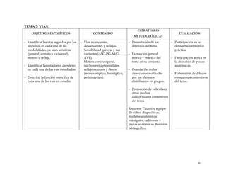 TEMA 7: VIAS.
OBJETIVOS ESPECÍFICOS CONTENIDO
ESTRATEGIAS
METODOLÓGICAS
EVALUACIÓN
- Identificar las vías seguidas por los
impulsos en cada una de las
modalidades, ya sean sensitiva
(general, somática o visceral),
motora o refleja.
- Identificar las estaciones de relevo
en cada una de las vías estudiadas.
- Describir la función especifica de
cada una de las vías en estudio.
- Vías ascendentes,
descendentes y reflejas.
- Sensibilidad general y sus
variantes (ASG-PG-AVG-
AVE).
- Motora corticoespinal,
núcleos extrapiramidales,
reflejo extensor y flexor
(monosináptico, bisináptico,
polisináptico).
- Presentación de los
objetivos del tema.
- Exposición general
teórico – práctica del
tema en su conjunto.
- Orientación en las
disecciones realizadas
por los alumnos
distribuidos en grupos.
- Proyección de películas y
otros medios
audiovisuales contentivos
del tema.
Recursos: Pizarrón, equipo
de video, diapositivas,
modelos anatómicos:
maniquíes, cadáveres y
piezas anatómicas. Revisión
bibliográfica.
- Participación en la
demostración teórico
práctica.
- Participación activa en
la disección de piezas
anatómicas.
- Elaboración de dibujos
o esquemas contentivos
del tema.
61
 