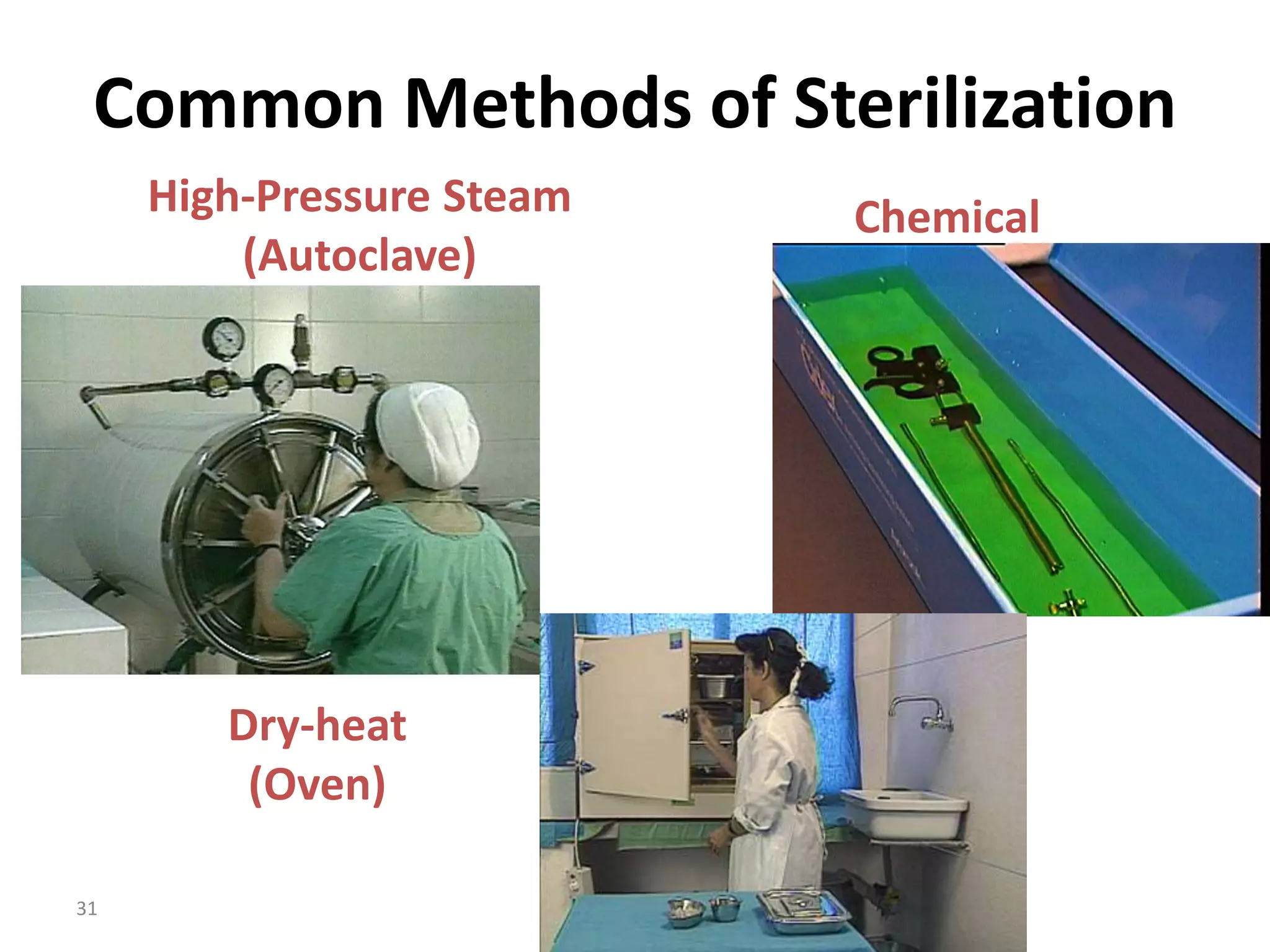 31
Common Methods of Sterilization
High-Pressure Steam
(Autoclave)
Chemical
Dry-heat
(Oven)
 