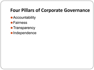 Four Pillars of Corporate Governance
⚫Accountability
⚫Fairness
⚫Transparency
⚫Independence
 