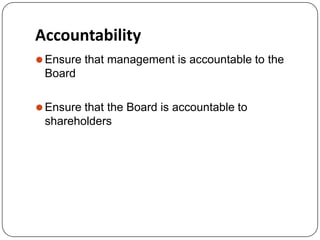 Accountability
⚫Ensure that management is accountable to the
Board
⚫Ensure that the Board is accountable to
shareholders
 