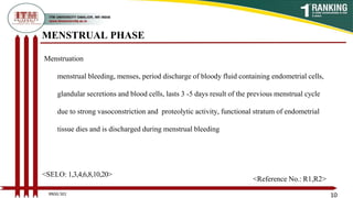 MENSTRUAL PHASE
Menstruation
menstrual bleeding, menses, period discharge of bloody fluid containing endometrial cells,
glandular secretions and blood cells, lasts 3 -5 days result of the previous menstrual cycle
due to strong vasoconstriction and proteolytic activity, functional stratum of endometrial
tissue dies and is discharged during menstrual bleeding
10
<SELO: 1,3,4,6,8,10,20>
<Reference No.: R1,R2>
BNSG 501
 