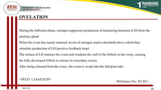 OVULATION
During the follicular phase, estrogen suppresses production of luteinizing hormone (LH) from the
pituitary gland
When the ovum has nearly matured, levels of estrogen reach a threshold above which they
stimulate production of LH (positive feedback loop)
The release of LH matures the ovum and weakens the wall of the follicle in the ovary, causing
the fully developed follicle to release its secondary oocyte
After being released from the ovary, the ovum is swept into the fallopian tube
16
<SELO: 1,3,4,6,8,10,20>
<Reference No.: R1,R2>
BNSG 501
 