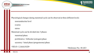 Physiological changes during menstrual cycle can be observed at three different levels:
neuroendocrine level
ovaries
uterus
Menstrual cycle can be divided into 3 phases:
menstrual phase
proliferative / follicular (estrogen) phase
secretory / luteal phase (progesterone) phase
8
<SELO: 1,3,4,6,8,10,20>
<Reference No.: R1,R2>
BNSG 501
 
