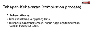 Tahapan Kebakaran (combustion process)
5. Reda/surut/decay
• Tahap kebakaran yang paling lama.
• Tercapai bila material terbakar sudah habis dan temperature
ruangan berangsur turun.
 
