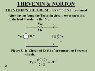 THEVENIN & NORTON
THEVENIN’S THEOREM: Example 5.1. continued
After having found the Thevenin circuit, we connect this
to the load in order to find VX.
8 
10 V
VTH
RTH
2  VX
+
_
+
_
A
B


Figure 5.11: Circuit of Ex 5.1 after connecting Thevenin
circuit.
10 2
2
2 8
 

( )( )
X
V V
13
 