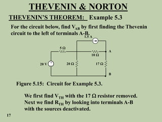 THEVENIN & NORTON
THEVENIN’S THEOREM: Example 5.3
For the circuit below, find VAB by first finding the Thevenin
circuit to the left of terminals A-B.
+
_
20 V
5 
20 
10 
17 
1.5 A
A
B


Figure 5.15: Circuit for Example 5.3.
We first find VTH with the 17  resistor removed.
Next we find RTH by looking into terminals A-B
with the sources deactivated.
17
 
