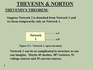 THEVENIN & NORTON
THEVENIN’S THEOREM:
Suppose Network 2 is detached from Network 1 and
we focus temporarily only on Network 1.
Network
1
•
•
A
B
Figure 5.2: Network 1, open-circuited.
Network 1 can be as complicated in structure as one
can imagine. Maybe 45 meshes, 387 resistors, 91
voltage sources and 39 current sources.
2
 