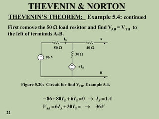THEVENIN & NORTON
THEVENIN’S THEOREM: Example 5.4: continued
First remove the 50  load resistor and find VAB = VTH to
the left of terminals A-B.
+
_ 86 V
50 
30 
40 
6 IS
IS


A
B
Figure 5.20: Circuit for find VTH, Example 5.4.
86 80 6 0 1
6 30 36
S S S
AB S S
I I I A
V I I V
     
   
22
 