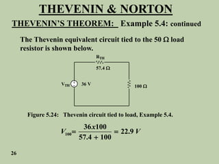 THEVENIN & NORTON
THEVENIN’S THEOREM: Example 5.4: continued
The Thevenin equivalent circuit tied to the 50  load
resistor is shown below.
+
_
RTH
VTH
57.4 
36 V 100 
Figure 5.24: Thevenin circuit tied to load, Example 5.4.
100
36 100
22.9
57.4 100
x
V V
 

26
 