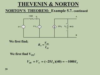 THEVENIN & NORTON
NORTON’S THEOREM: Example 5.7. continued
+
_
5 V
1 k
3 VX 25 IS
+
_
VX
A
B
IS
40 
We first find;
SS
OS
N
I
V
R 
We first find VOS:
S
S
X
OS I
I
V
V 1000
)
40
)(
25
( 




39
 