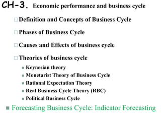 CH-3. Economic performance and business cycle
Definition and Concepts of Business Cycle
Phases of Business Cycle
Causes and Effects of business cycle
Theories of business cycle
 Keynesian theory
 Monetarist Theory of Business Cycle
 Rational Expectation Theory
 Real Business Cycle Theory (RBC)
 Political Business Cycle
 Forecasting Business Cycle: Indicator Forecasting
 