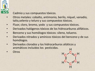 • Cadmio y sus compuestos tóxicos.
• Otros metales: cobalto, antimonio, berilo, níquel, vanadio,
talio,selenio y teluro y sus compuestos tóxicos.
• Fluor, cloro, bromo, yodo y sus compuestos tóxicos.
• Derivados halógenos tóxicos de los hidrocarburos alifáticos.
• Benceno y sus homólogos tóxicos: sileno, tolueno.
• Derivados nitrados y amínicos tóxicos del benceno y de sus
homólogos.
• Derivados clorados y los hidrocarburos aliáticos y
aromáticos incluidos los pesticidas.
• Otros
 