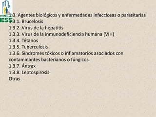 1.3. Agentes biológicos y enfermedades infecciosas o parasitarias
1.3.1. Brucelosis
1.3.2. Virus de la hepatitis
1.3.3. Virus de la inmunodeficiencia humana (VIH)
1.3.4. Tétanos
1.3.5. Tuberculosis
1.3.6. Síndromes tóxicos o inflamatorios asociados con
contaminantes bacterianos o fúngicos
1.3.7. Ántrax
1.3.8. Leptospirosis
Otras
 