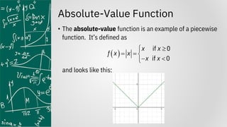 Absolute-Value Function
• The absolute-value function is an example of a piecewise
function. It’s defined as
and looks like this:
( )
if 0
if 0
x x
f x x
x x


= = 
− 

 