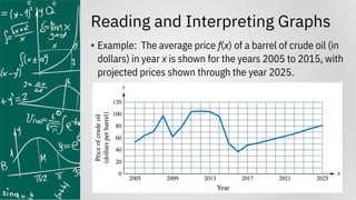 Reading and Interpreting Graphs
• Example: The average price f(x) of a barrel of crude oil (in
dollars) in year x is shown for the years 2005 to 2015, with
projected prices shown through the year 2025.
 