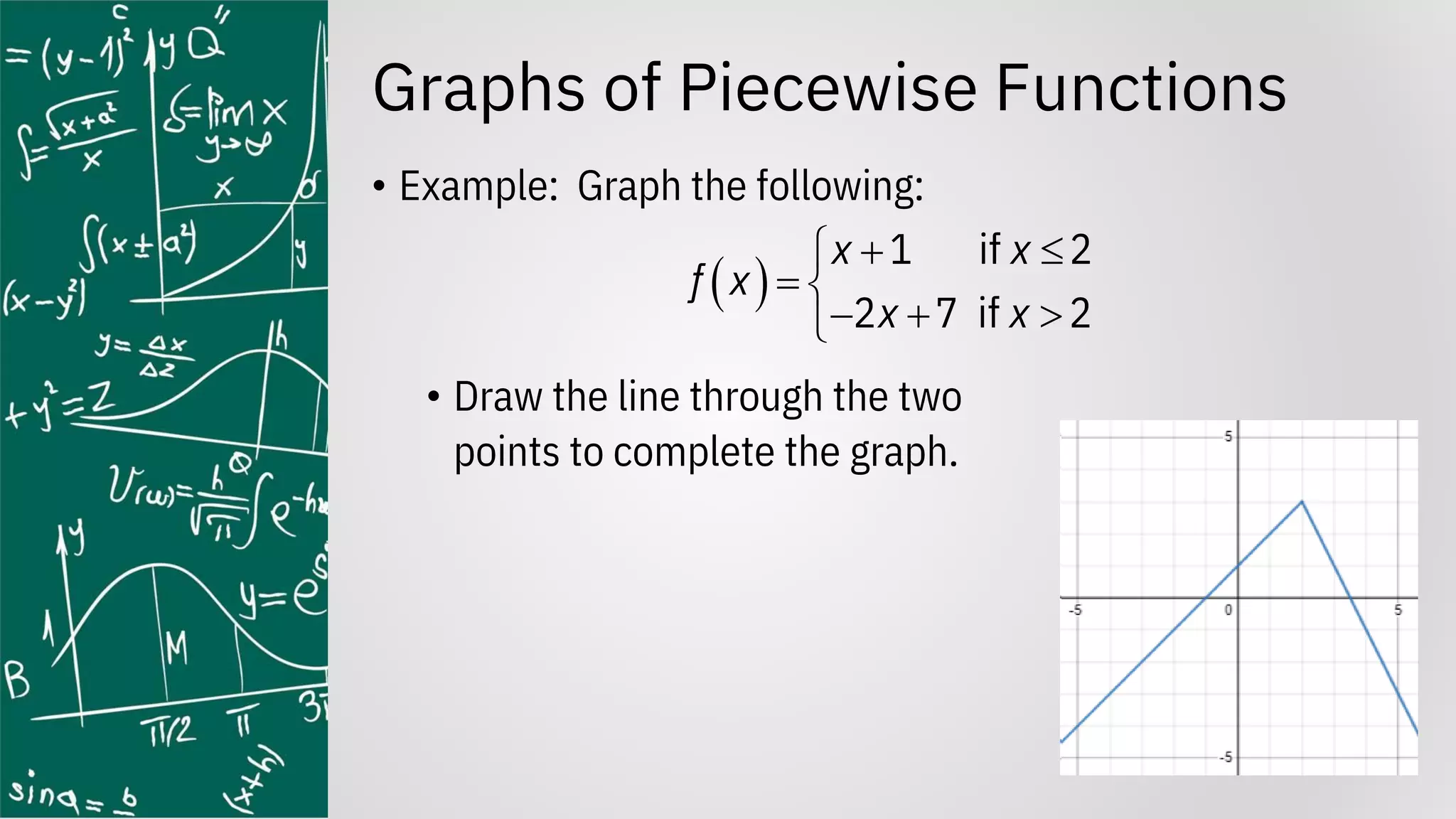 Graphs of Piecewise Functions
• Example: Graph the following:
• Draw the line through the two
points to complete the graph.
( )
1 if 2
2 7 if 2
x x
f x
x x
+ 

= 
− + 

 