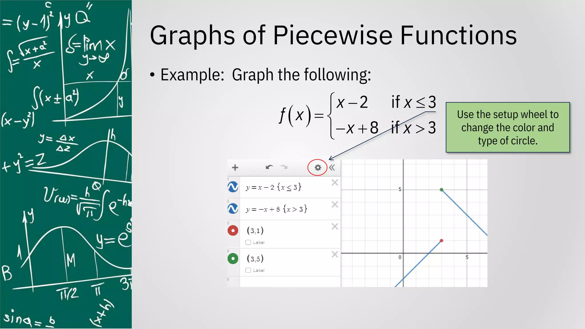 Graphs of Piecewise Functions
• Example: Graph the following:
( )
2 if 3
8 if 3
x x
f x
x x
− 

= 
− + 

Use the setup wheel to
change the color and
type of circle.
 
