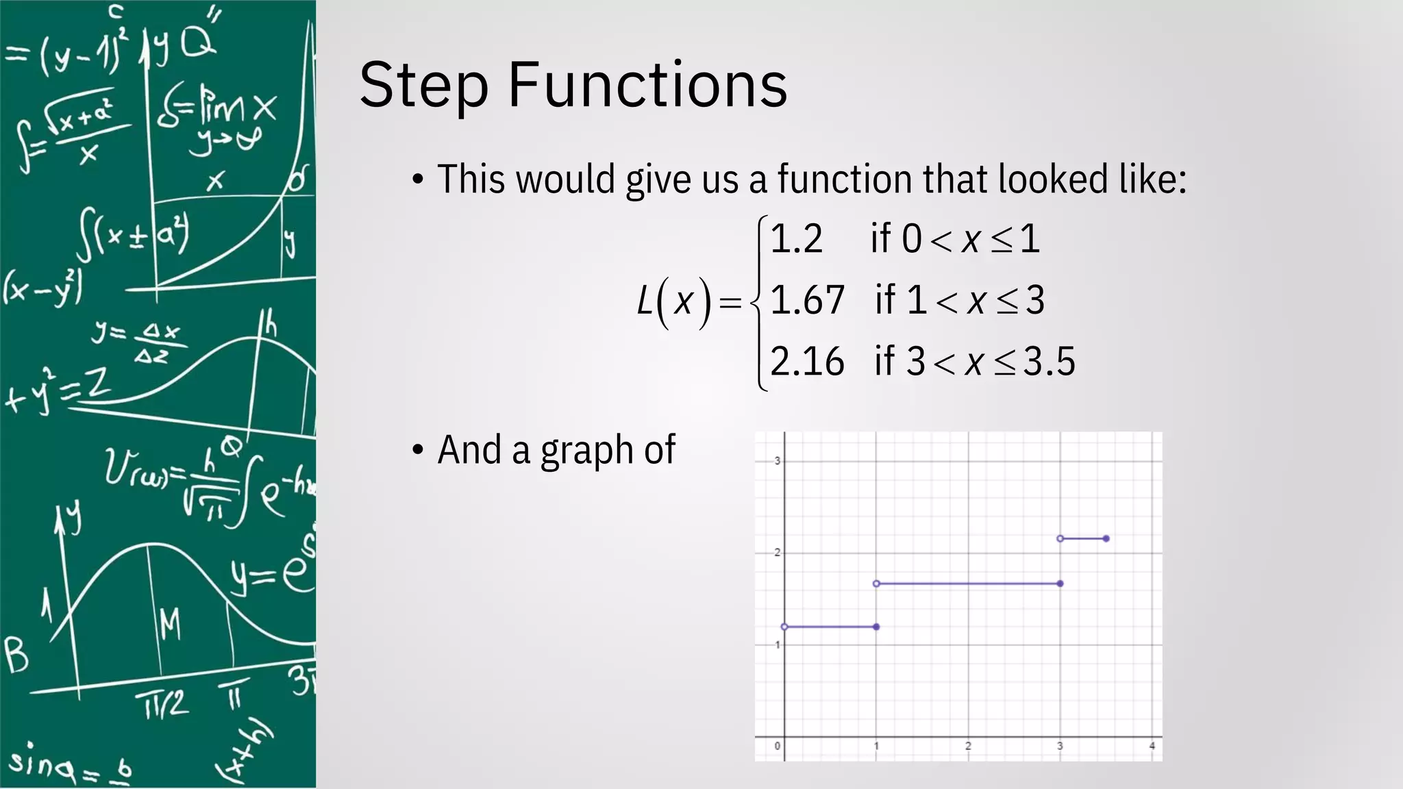 Step Functions
• This would give us a function that looked like:
• And a graph of
( )
1.2 if 0 1
1.67 if 1 3
2.16 if 3 3.5
x
L x x
x
 


=  

  

 