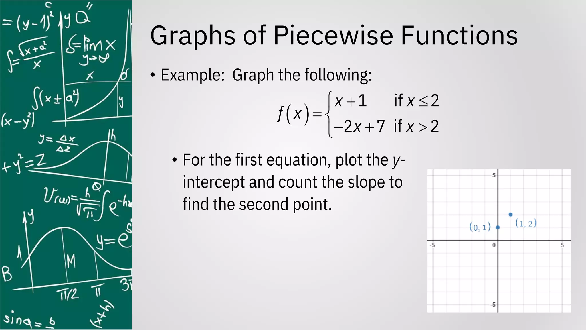 Graphs of Piecewise Functions
• Example: Graph the following:
• For the first equation, plot the y-
intercept and count the slope to
find the second point.
( )
1 if 2
2 7 if 2
x x
f x
x x
+ 

= 
− + 

 