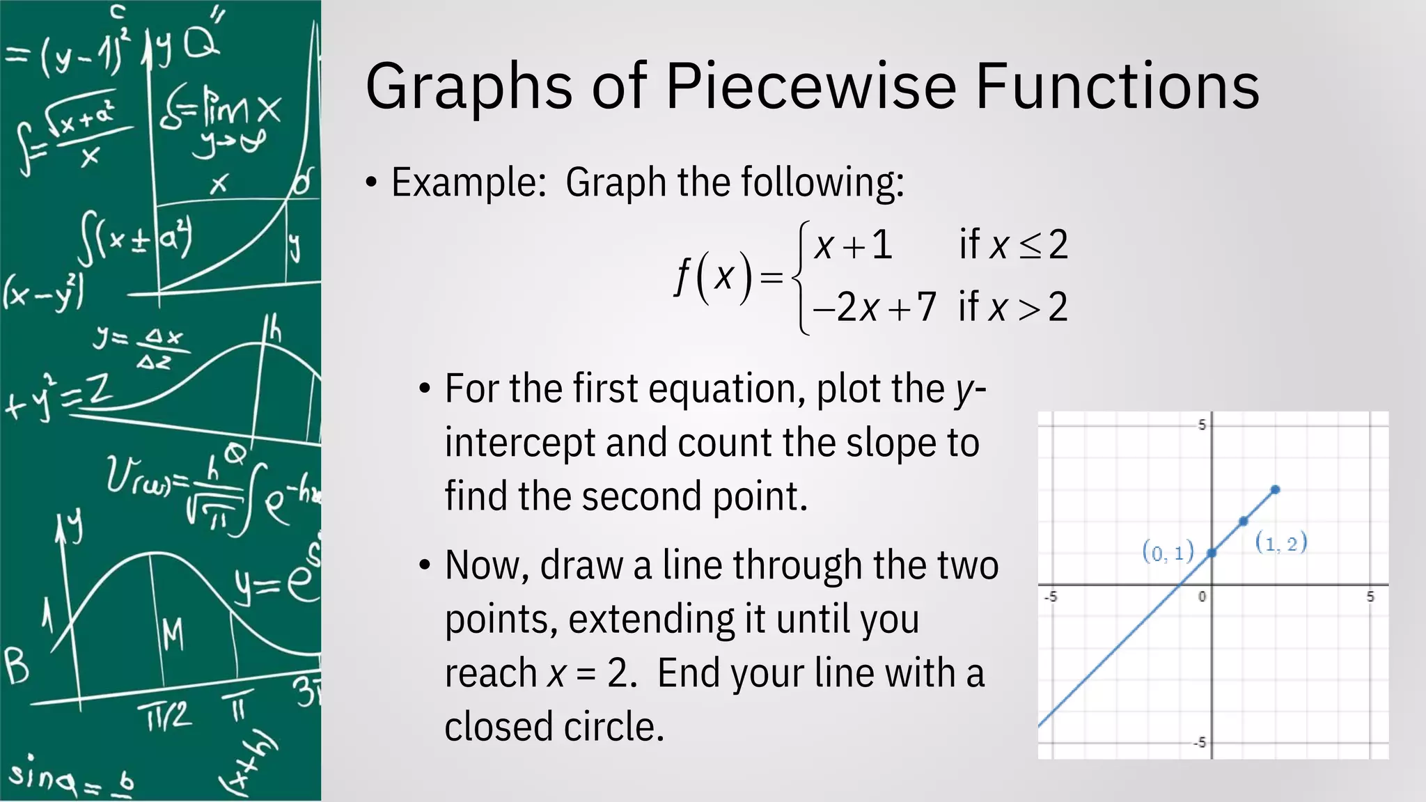 Graphs of Piecewise Functions
• Example: Graph the following:
• For the first equation, plot the y-
intercept and count the slope to
find the second point.
• Now, draw a line through the two
points, extending it until you
reach x = 2. End your line with a
closed circle.
( )
1 if 2
2 7 if 2
x x
f x
x x
+ 

= 
− + 

 