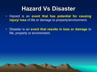Hazard Vs Disaster
• Hazard is an event that has potential for causing
injury/ loss of life or damage to property/environment.
• Disaster is an event that results in loss or damage to
life, property or environment.
3
 