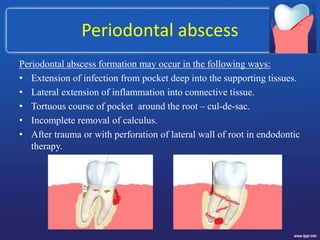 Periodontal abscess
Periodontal abscess formation may occur in the following ways:
• Extension of infection from pocket deep into the supporting tissues.
• Lateral extension of inflammation into connective tissue.
• Tortuous course of pocket around the root – cul-de-sac.
• Incomplete removal of calculus.
• After trauma or with perforation of lateral wall of root in endodontic
therapy.
 