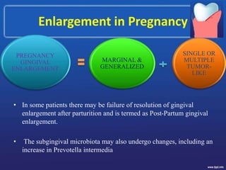 Enlargement in Pregnancy
• In some patients there may be failure of resolution of gingival
enlargement after parturition and is termed as Post-Partum gingival
enlargement.
• The subgingival microbiota may also undergo changes, including an
increase in Prevotella intermedia
PREGNANCY
GINGIVAL
ENLARGEMENT
MARGINAL &
GENERALIZED
SINGLE OR
MULTIPLE
TUMOR-
LIKE
 
