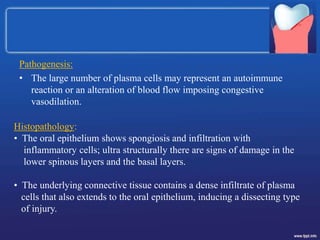 Pathogenesis:
• The large number of plasma cells may represent an autoimmune
reaction or an alteration of blood flow imposing congestive
vasodilation.
Histopathology:
• The oral epithelium shows spongiosis and infiltration with
inflammatory cells; ultra structurally there are signs of damage in the
lower spinous layers and the basal layers.
• The underlying connective tissue contains a dense infiltrate of plasma
cells that also extends to the oral epithelium, inducing a dissecting type
of injury.
 
