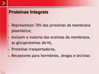 Proteínas Integrais
 Representam 70% das proteínas da membrana
plasmática;
 Incluem a maioria das enzimas da membrana,
as glicoproteínas (M-N),
 Proteínas tranportadoras,
 Receptores para hormônios, drogas e lectinas
xx/xx
11
 