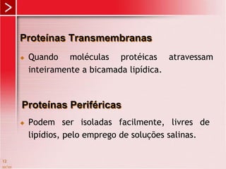 Proteínas Transmembranas
 Quando moléculas protéicas atravessam
inteiramente a bicamada lipídica.
xx/xx
12
Proteínas Periféricas
 Podem ser isoladas facilmente, livres de
lipídios, pelo emprego de soluções salinas.
 