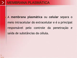  A membrana plasmática ou celular separa o
meio intracelular do extracelular e é a principal
responsável pelo controle da penetração e
saída de substâncias da célula.
xx/xx
2
MEMBRANA PLASMÁTICA
 