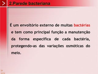 xx/xx
21
É um envoltório externo de muitas bactérias
e tem como principal função a manutenção
da forma específica de cada bactéria,
protegendo-as das variações osmóticas do
meio.
2.Parede bacteriana
 