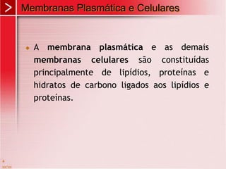  A membrana plasmática e as demais
membranas celulares são constituídas
principalmente de lipídios, proteínas e
hidratos de carbono ligados aos lipídios e
proteínas.
xx/xx
4
Membranas Plasmática e Celulares
 