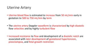 Uterine Artery
• Uterine blood flow is estimated to increase from 50 mL/min early in
gestation to 500 to 750 mL/min by term
• The uterine artery Doppler waveform is characterized by high diastolic
flow velocities and by highly turbulent flow
• Increased resistance to flow and development of a diastolic notch are
associated with later development of gestational hypertension,
preeclampsia, and fetal-growth restriction
 