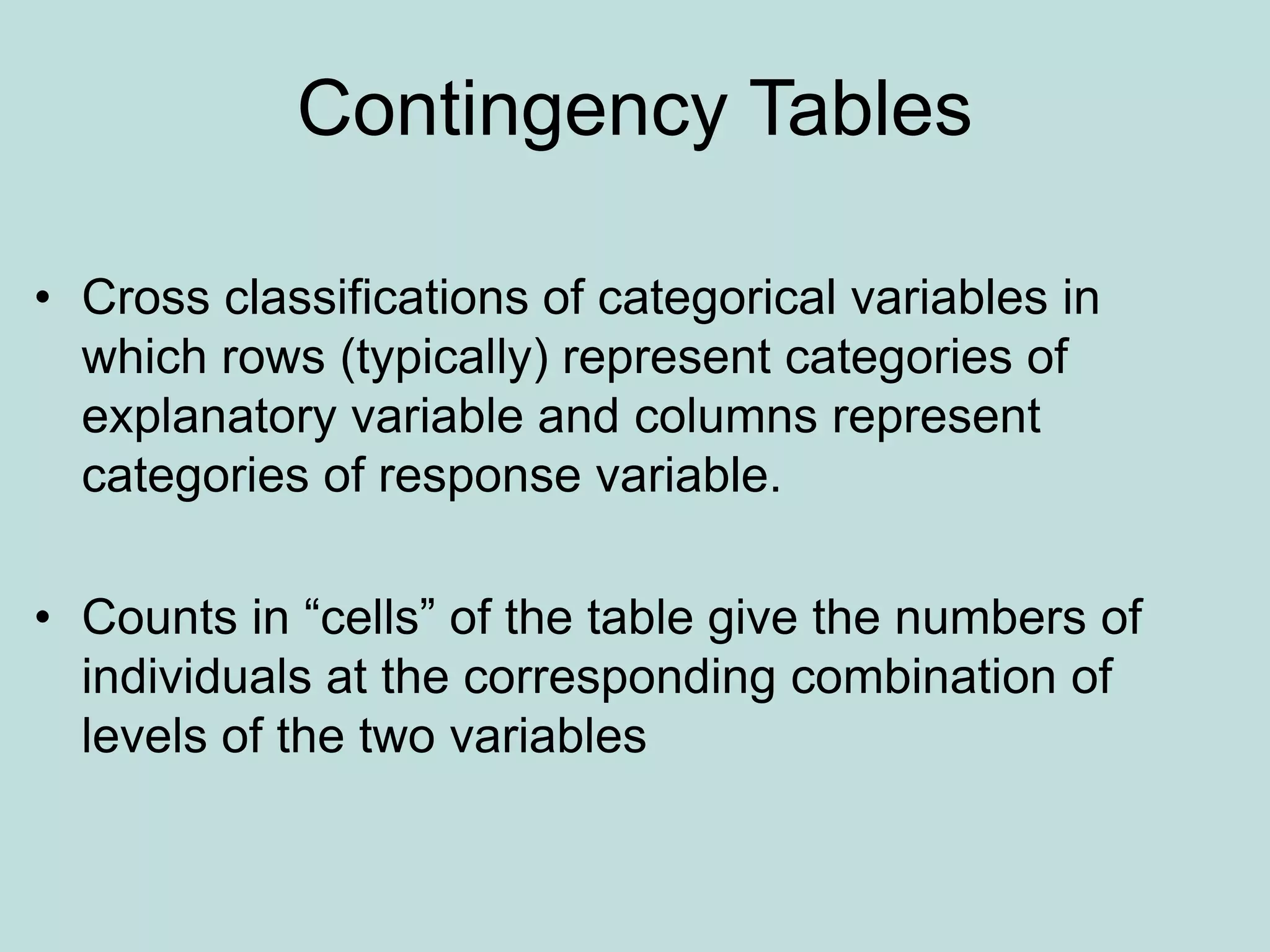 Contingency Tables
• Cross classifications of categorical variables in
which rows (typically) represent categories of
explanatory variable and columns represent
categories of response variable.
• Counts in “cells” of the table give the numbers of
individuals at the corresponding combination of
levels of the two variables
 