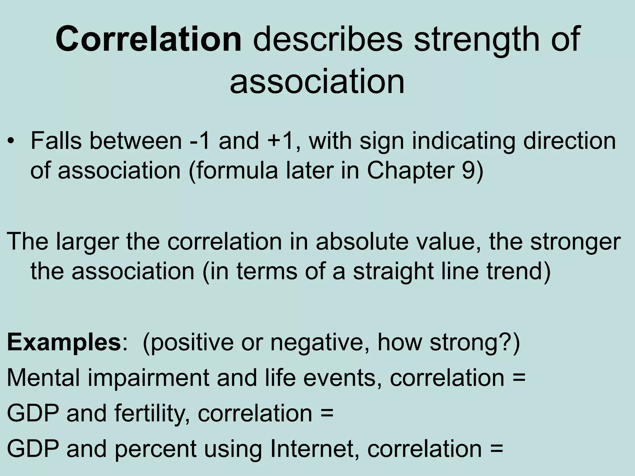 Correlation describes strength of
association
• Falls between -1 and +1, with sign indicating direction
of association (formula later in Chapter 9)
The larger the correlation in absolute value, the stronger
the association (in terms of a straight line trend)
Examples: (positive or negative, how strong?)
Mental impairment and life events, correlation =
GDP and fertility, correlation =
GDP and percent using Internet, correlation =
 