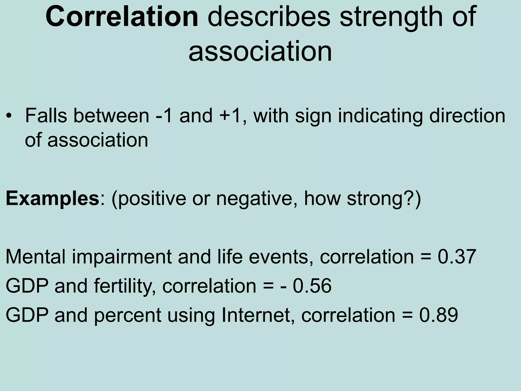 Correlation describes strength of
association
• Falls between -1 and +1, with sign indicating direction
of association
Examples: (positive or negative, how strong?)
Mental impairment and life events, correlation = 0.37
GDP and fertility, correlation = - 0.56
GDP and percent using Internet, correlation = 0.89
 
