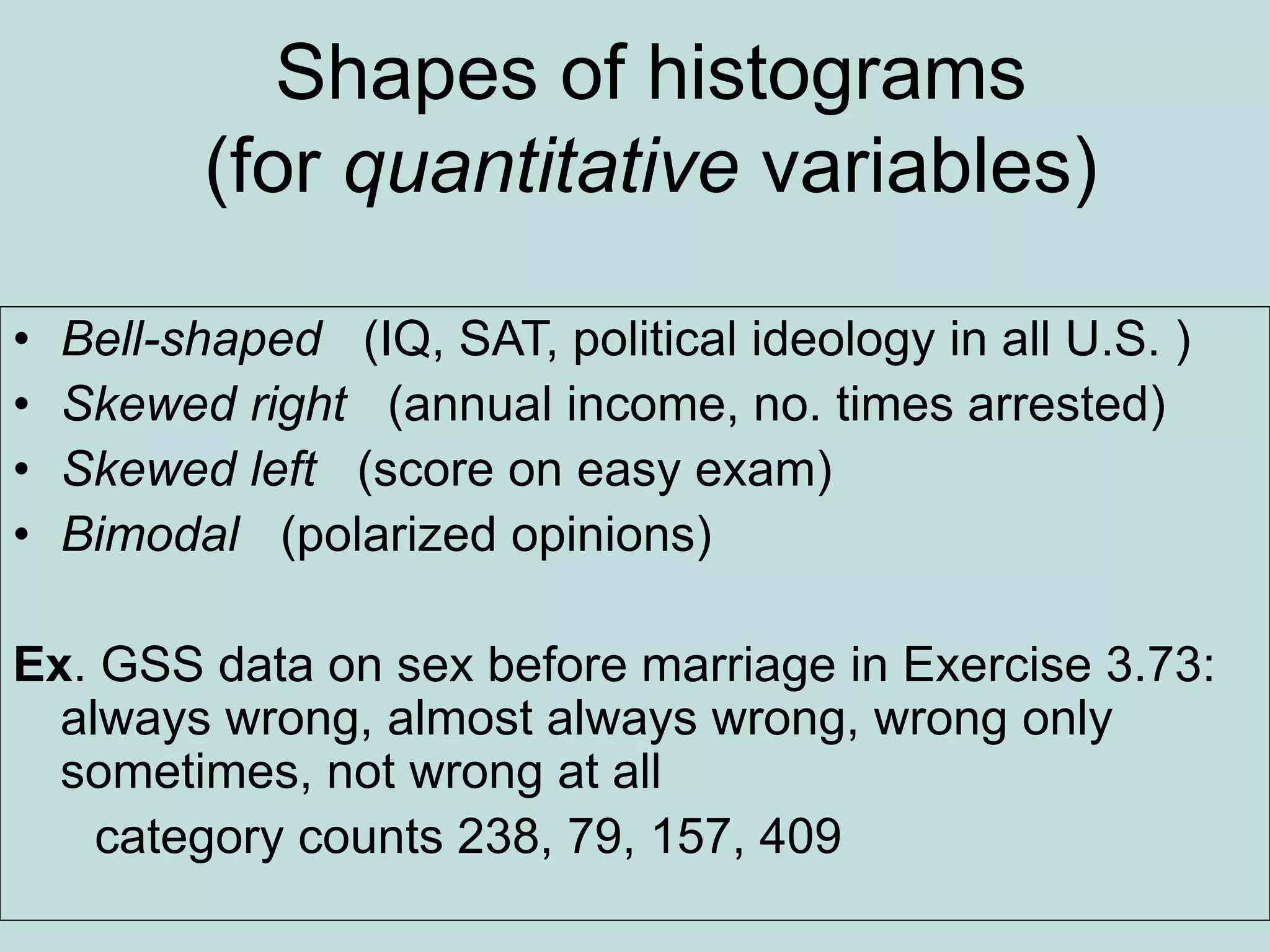 Shapes of histograms
(for quantitative variables)
• Bell-shaped (IQ, SAT, political ideology in all U.S. )
• Skewed right (annual income, no. times arrested)
• Skewed left (score on easy exam)
• Bimodal (polarized opinions)
Ex. GSS data on sex before marriage in Exercise 3.73:
always wrong, almost always wrong, wrong only
sometimes, not wrong at all
category counts 238, 79, 157, 409
 