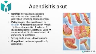 Apendisitis akut
• Definisi: Peradangan apendiks
vermiformis dan merupakan
penyebab tersering akut abdomen.
• Patogenesis: obstruksi lumen o/
fecalith  terhambat saluran lymph
 distensi apendiks  edema 
diapedesis bakteri, obstruksi vena 
supurasi akut  obstruksi arteri 
gangrene  perforasi
• Sering pada anak – dewasa muda
• Komplikasi: perforasi apendiks 
peritonitis
 