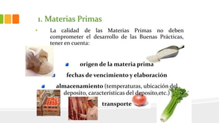 1. Materias Primas
• La calidad de las Materias Primas no deben
comprometer el desarrollo de las Buenas Prácticas,
tener en cuenta:
origen de la materia prima
fechas de vencimiento y elaboración
almacenamiento (temperaturas, ubicación del
deposito, características del deposito,etc.)
transporte
 