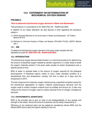 3.0 EXPERIMENT ON DETERMINATION OF BIOCHEMICAL OXYGEN DEMAND | PDF