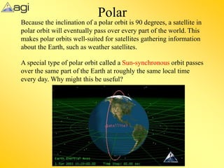 Polar
Because the inclination of a polar orbit is 90 degrees, a satellite in
polar orbit will eventually pass over every part of the world. This
makes polar orbits well-suited for satellites gathering information
about the Earth, such as weather satellites.
A special type of polar orbit called a Sun-synchronous orbit passes
over the same part of the Earth at roughly the same local time
every day. Why might this be useful?
 